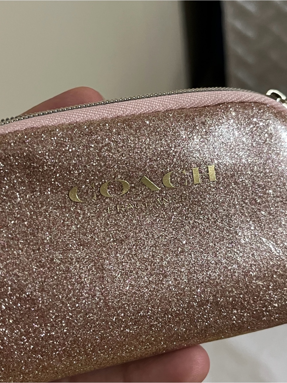 COACH Rose Gold Glitter Zip Cosmetic Pouch with Gold Logo - Picture 12 of 12